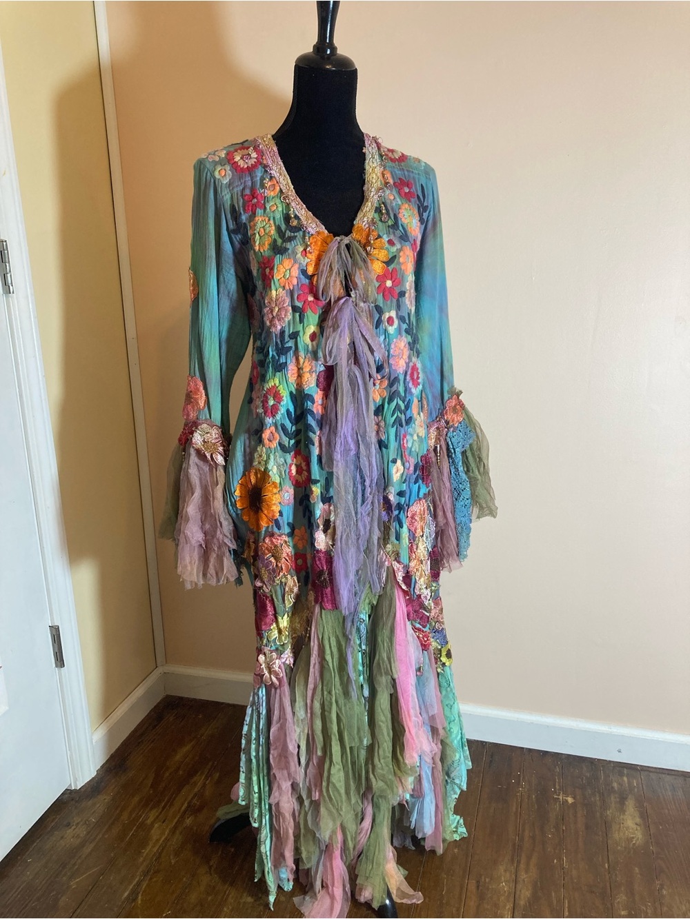 Boho Floral Embroidered Long Teal Jacket with Tassels